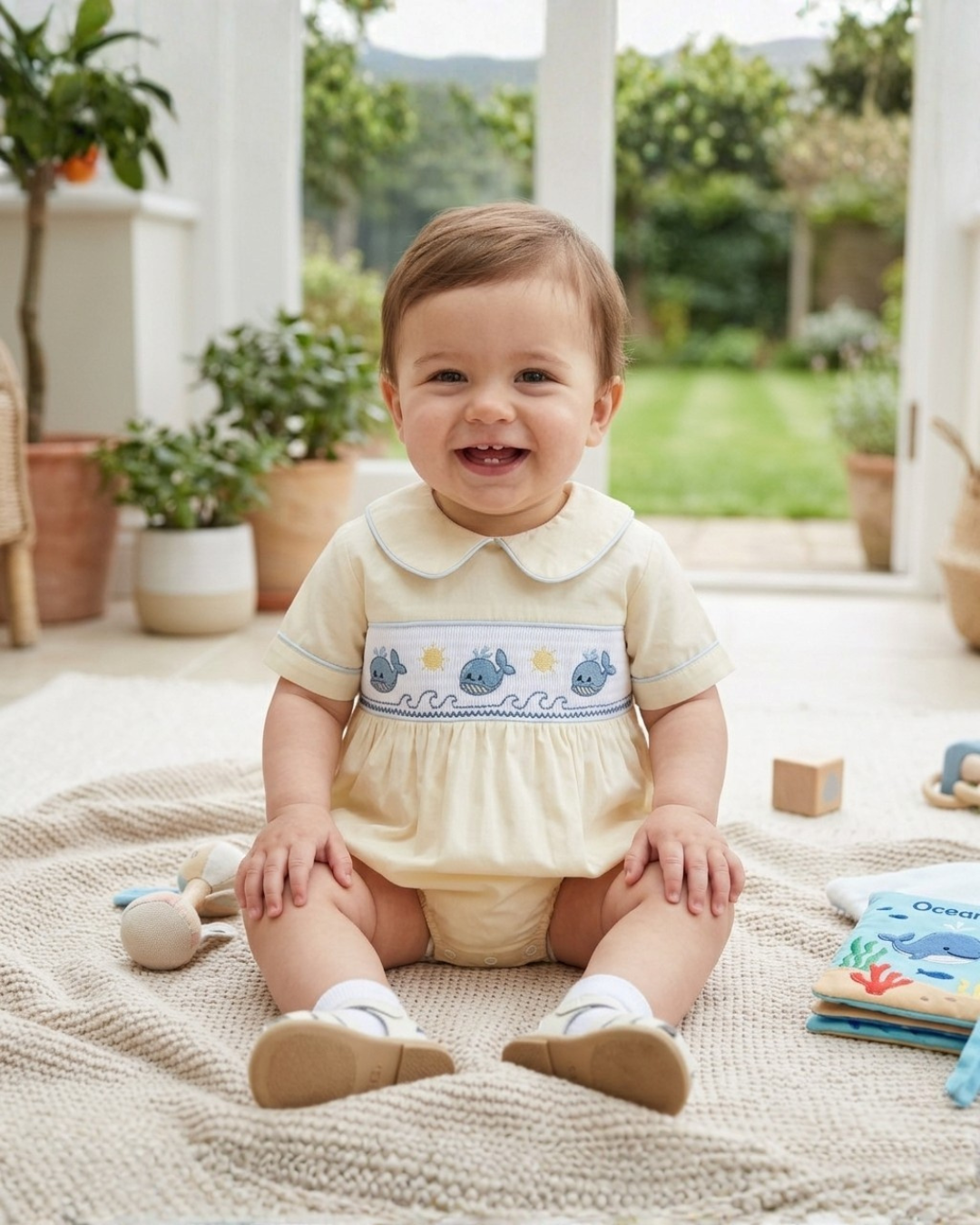 Whale Smocked Collared Romper