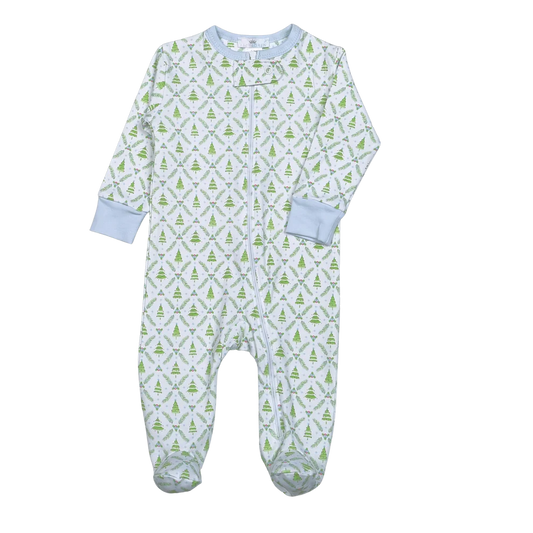 Blue Christmas Trees Pima Zipper Footie