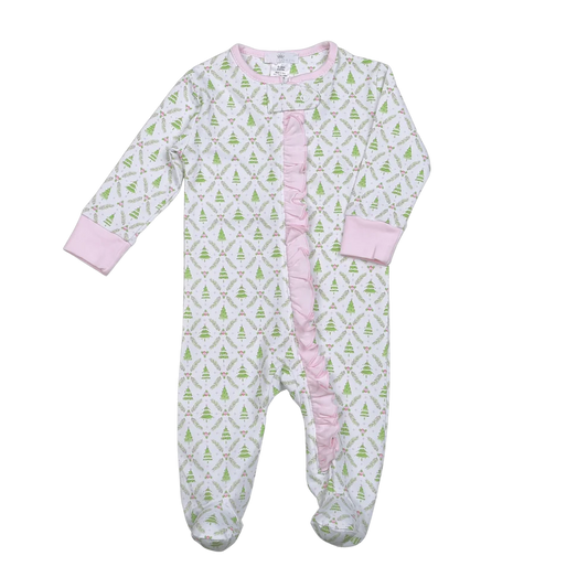 Pink Christmas Trees Pima Zipper Footie