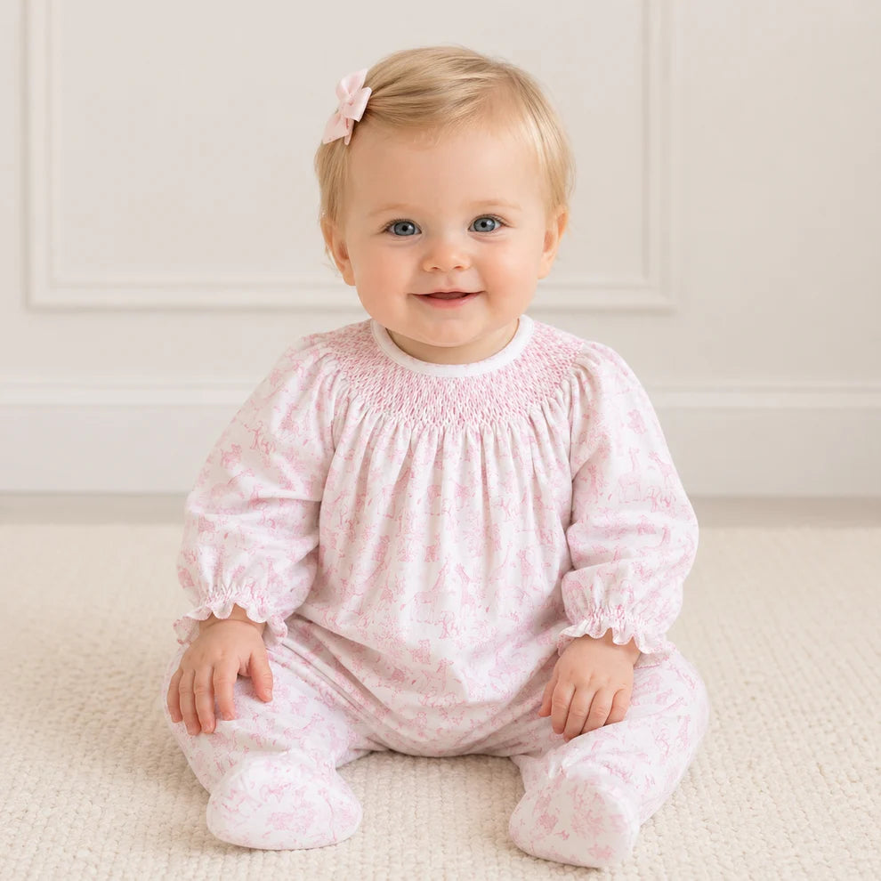 Baby Safari Smock Bishop Footie- Pink