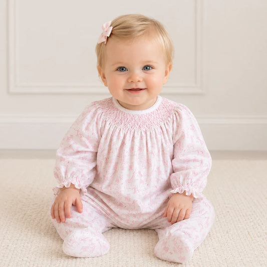 Baby Safari Smock Bishop Footie- Pink