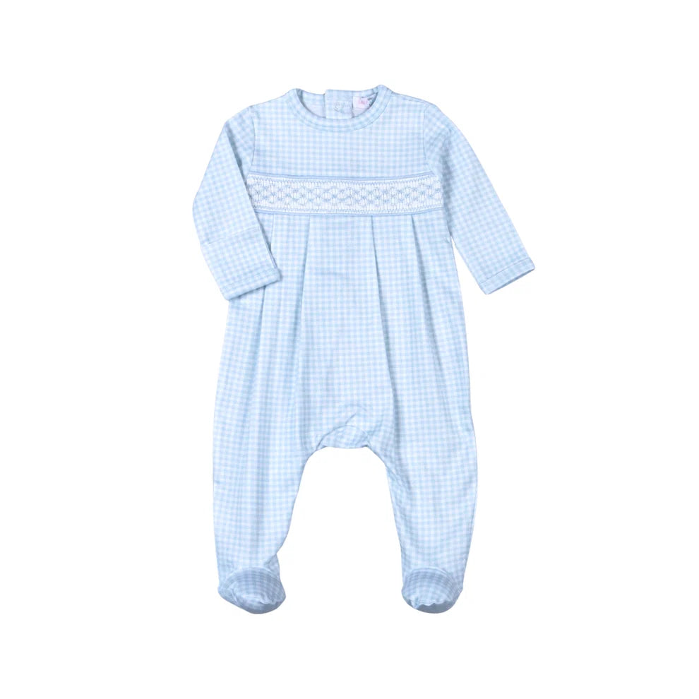 The Classic Gingham Smocked Footie- Blue