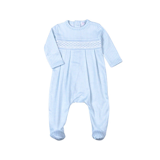 The Classic Gingham Smocked Footie- Blue